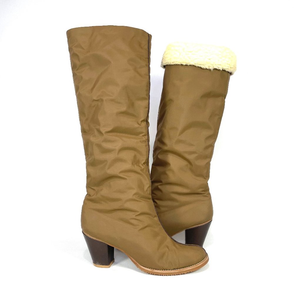 Vintage Sherpa Lined Knee High Boots Taupe Fold Over Womens 7.5 80s
